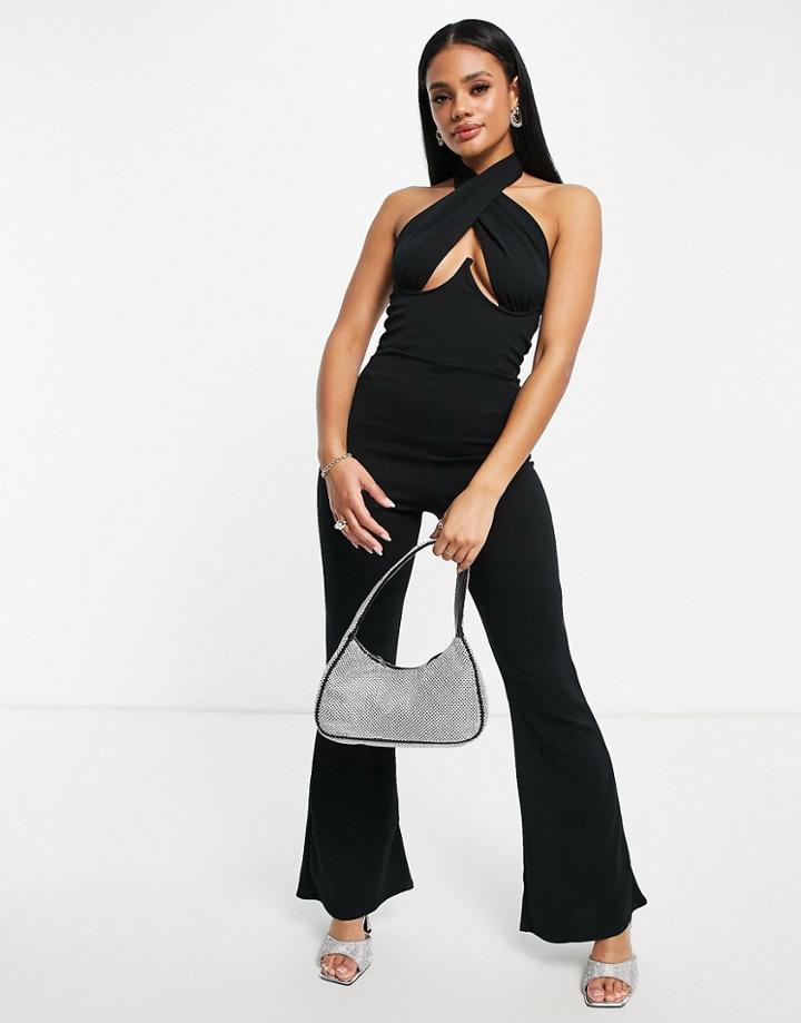 Femme Luxe Flared Jumpsuit With Cut Out Bust In Black