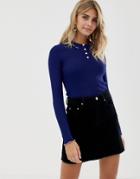 Miss Selfridge Polo Top With Frill Collar In Navy - Multi