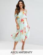 Asos Maternity Cold Shoulder Flutter Sleeve Midi Dress In Floral - Multi