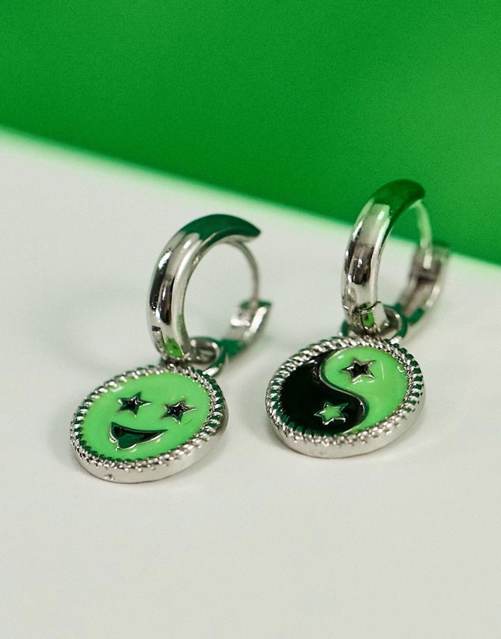 Asos Design Festival Hoop Earrings With Yin Yang Design In Bright Green