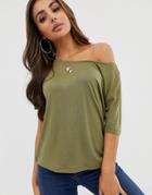 Asos Design Off Shoulder T-shirt In Khaki-green