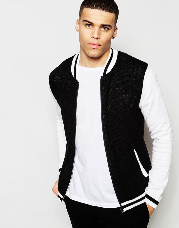 Asos Knitted Baseball Jacket In Black - Black