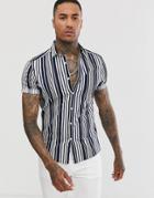 Asos Design Skinny Stripe Shirt In Navy And White - Navy