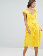 Asos Design Sleeveless Midi Dress With Soft Ruffles - Yellow