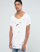 Asos Super Longline T-shirt With Distressing And Scoop Neck In White - White