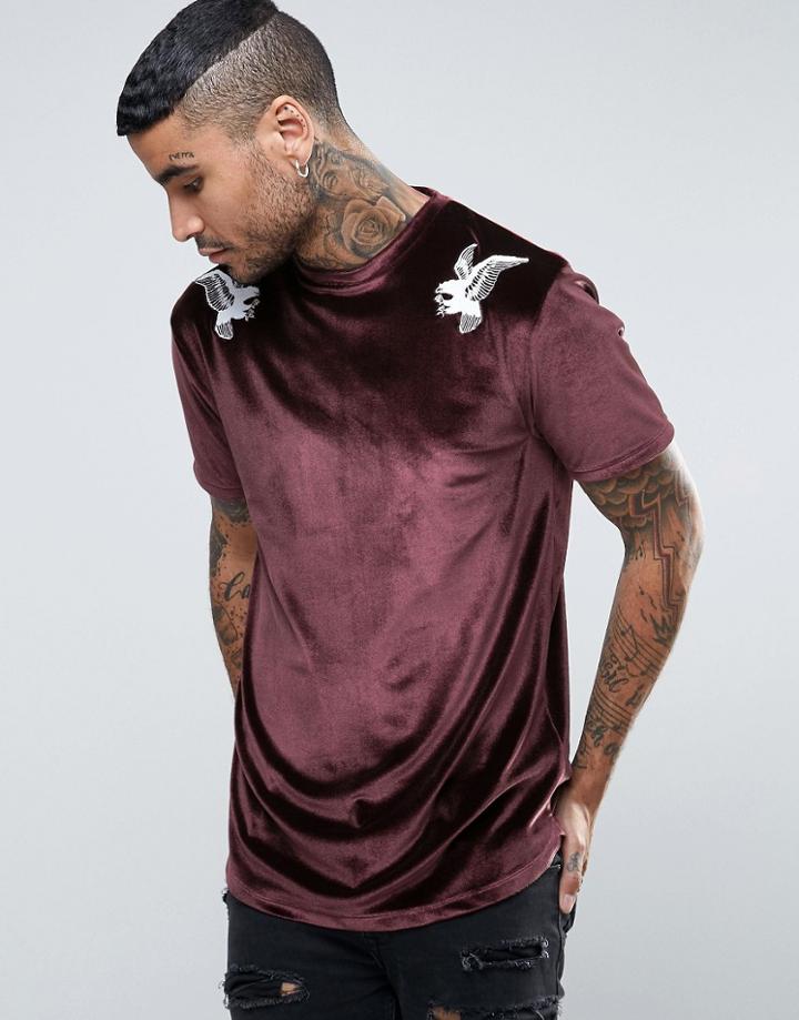 Asos Velour Longline T-shirt With Eagle Embroidery And Curved Hem - Red