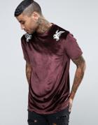 Asos Velour Longline T-shirt With Eagle Embroidery And Curved Hem - Red