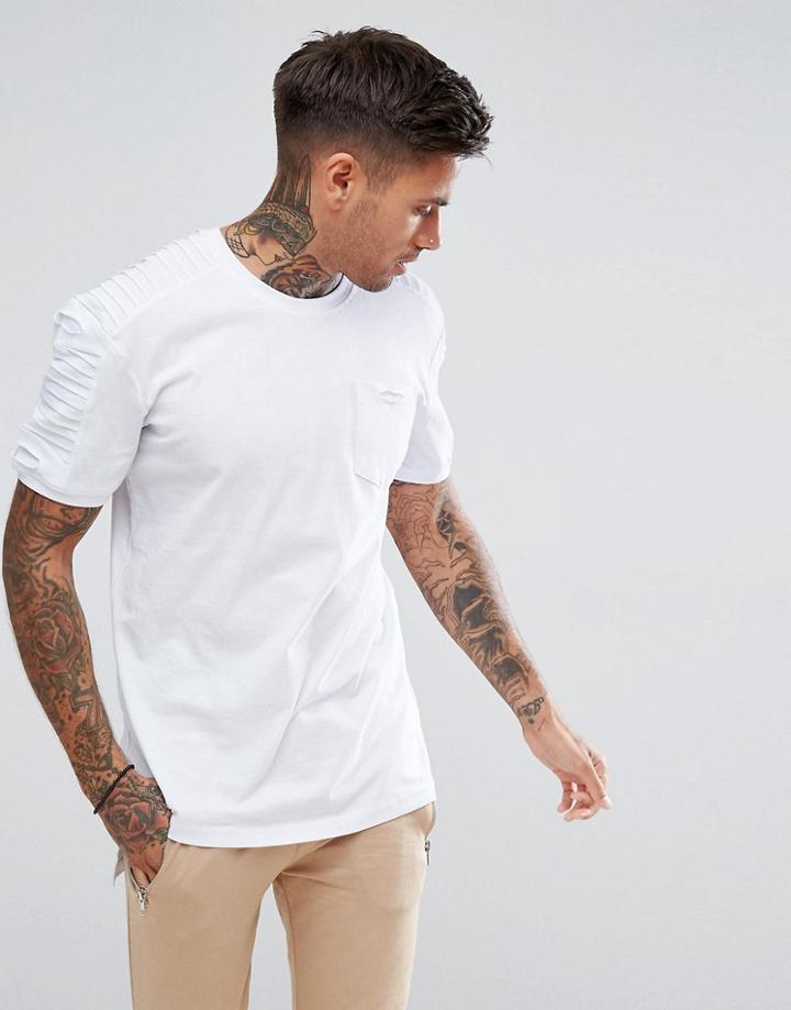 Boohooman Longline Ribbed Biker T-shirt In White - White