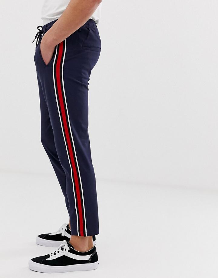 Jack & Jones Intelligence Tapered Fit Side Stripe Cropped Pants In Navy - Navy