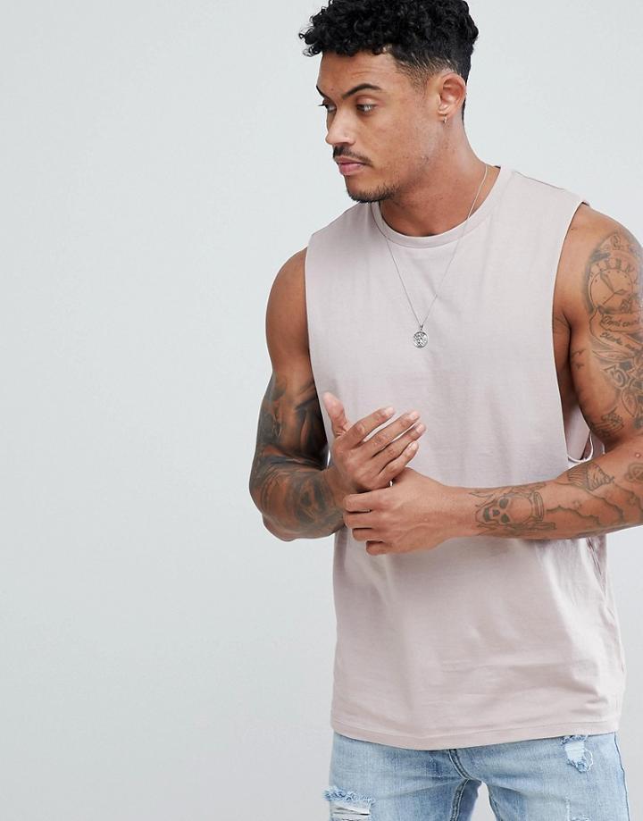 Asos Design Tank With Dropped Arm Hole In Beige - Pink