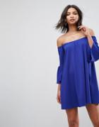 Asos Off Shoulder Dress With Bell Sleeve - Blue