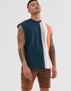Asos Design Oversized Sleeveless T-shirt With Vertical Color Block In Navy - Navy