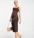 Parisian Petite Satin Cami Strap Midi Dress With Cowl Neck In Chocolate-brown