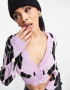 Missguided Heart Argyle Cardigan In Lilac-purple