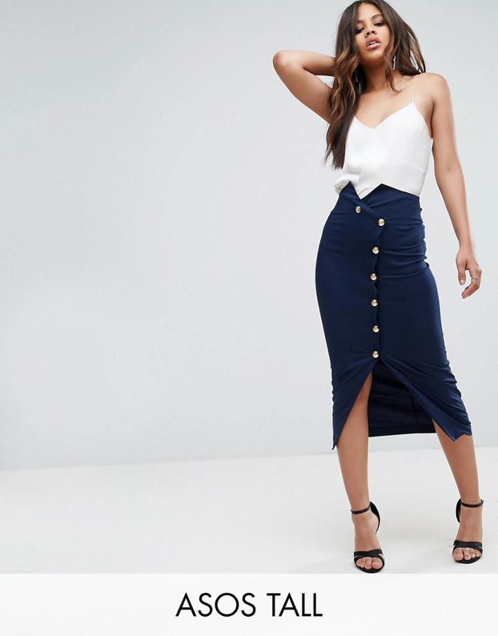 Asos Tall Tailored High Waist Pencil Skirt With Military Button Detail - Navy