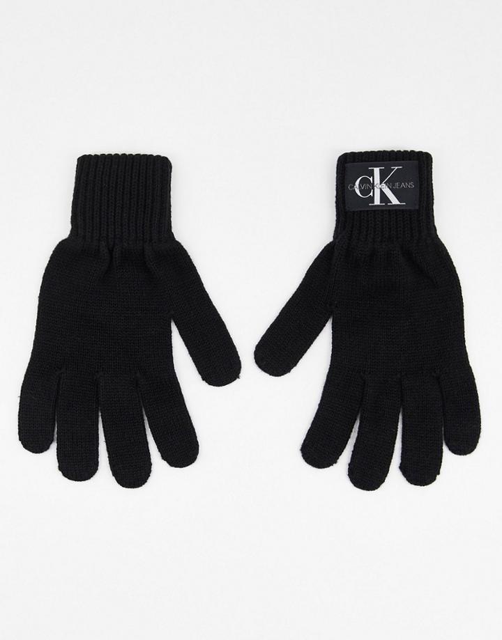 Calvin Klein Jeans Monogram Logo Knit Gloves In Black