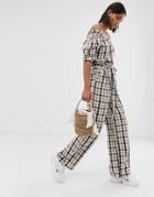 Neon Rose Wide Leg Pants With Paper Bag Waist In Check Two-piece - Brown