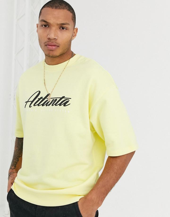 Asos Design Oversized Short Sleeve Sweatshirt In Yellow With Atlanta Print