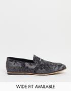 Asos Design Loafers In Gray Velvet Floral Design With Snaffle