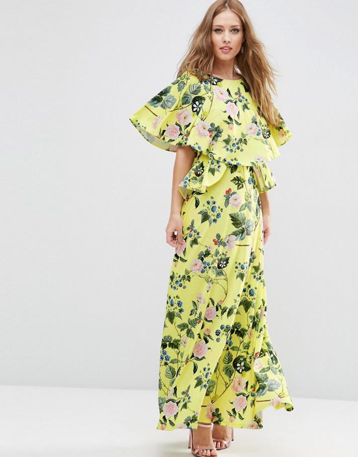 Asos Ruffle Sleeve Berry Print Maxi Dress - Multi