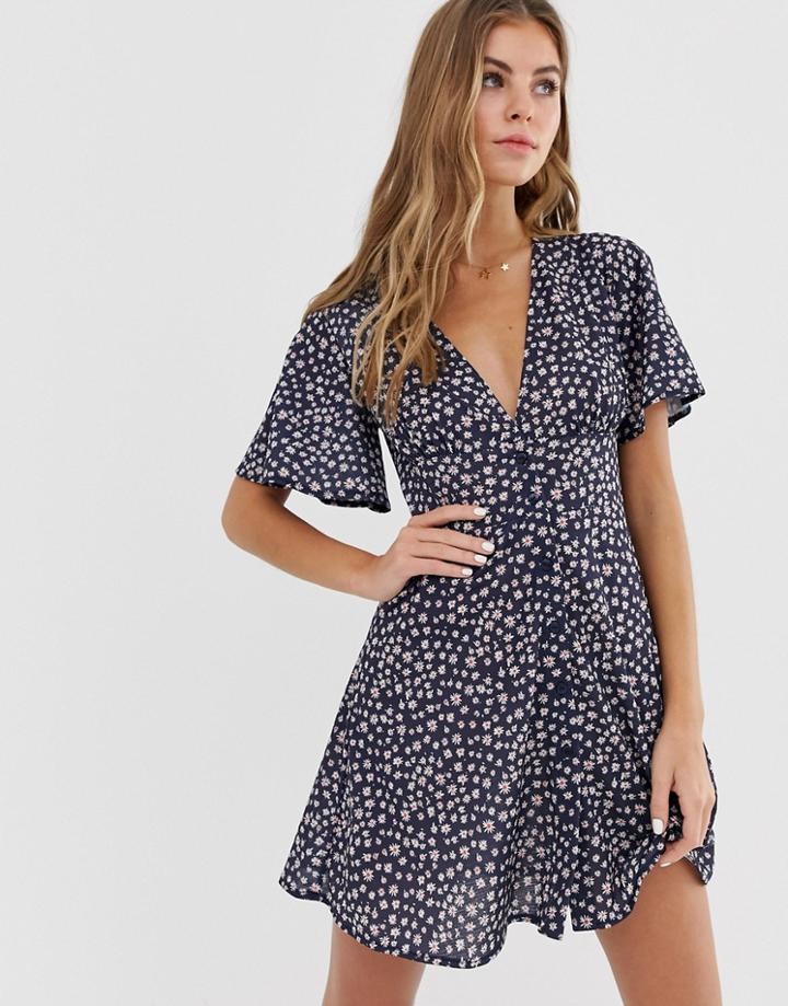 Pull & Bear Ditsy Floral V Neck Dress In Blue - Blue