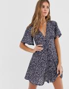 Pull & Bear Ditsy Floral V Neck Dress In Blue - Blue