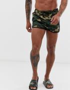 Jack & Jones Shorter Swim Shorts In Camo Print - Green