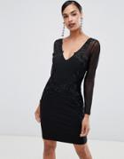 Lipsy Long Sleeve Lace Trim Bodycon Dress-black