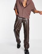 Asos Design Baggy Jeans In Brown Leather-look