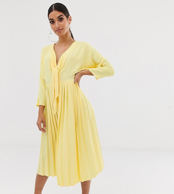 Asos Design Petite Pleated Tie Front Midi Dress - Yellow