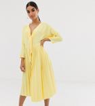 Asos Design Petite Pleated Tie Front Midi Dress - Yellow