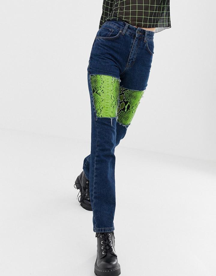 The Ragged Priest Mom Jeans With Faux Leather Snakeskin Panels-blue