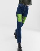 The Ragged Priest Mom Jeans With Faux Leather Snakeskin Panels-blue