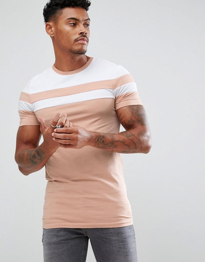 Asos Longline Muscle Fit T-shirt With Contrast Panels - Blue