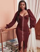 Lavish Alice X Patricia Bright Relaxed Ribbed Puff Sleeve Midi Pencil Dress With Belt In Berry-red