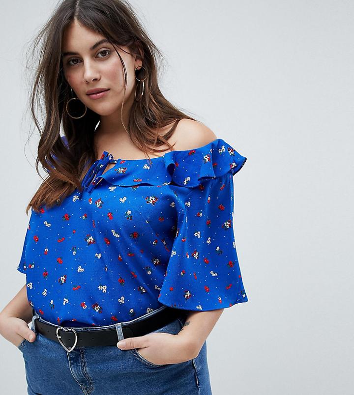 Fashion Union Plus Tie Front Top With Fluted Sleeves In Ditsy Floral - Blue