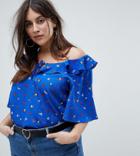 Fashion Union Plus Tie Front Top With Fluted Sleeves In Ditsy Floral - Blue