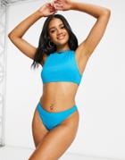 Missguided Ribbed High Waist Bikini Bottom In Teal-blues