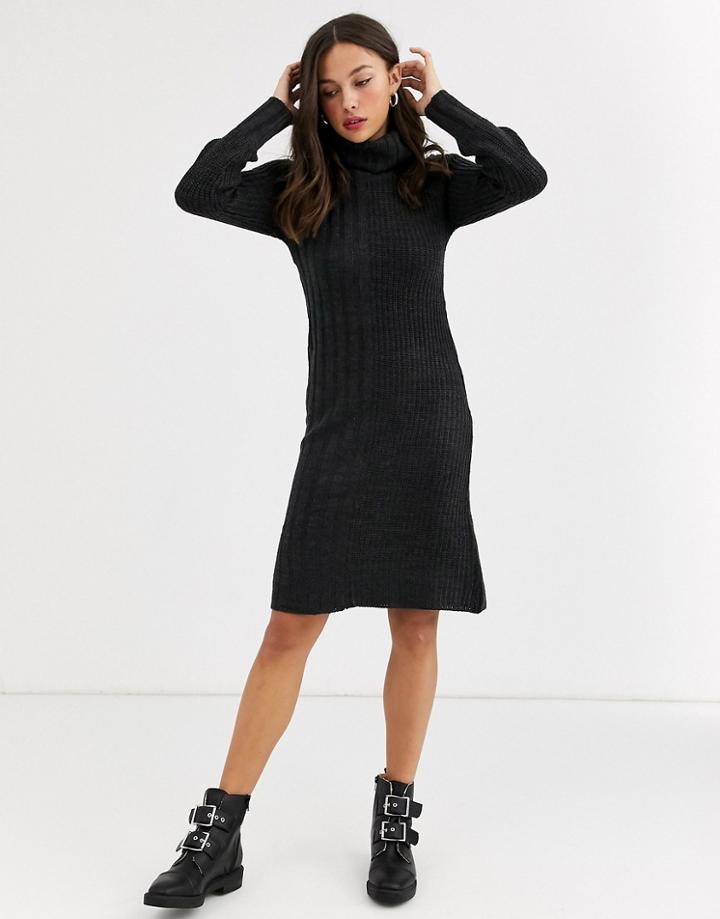 Qed London Cowl Neck Sweater Dress In Charcoal-gray