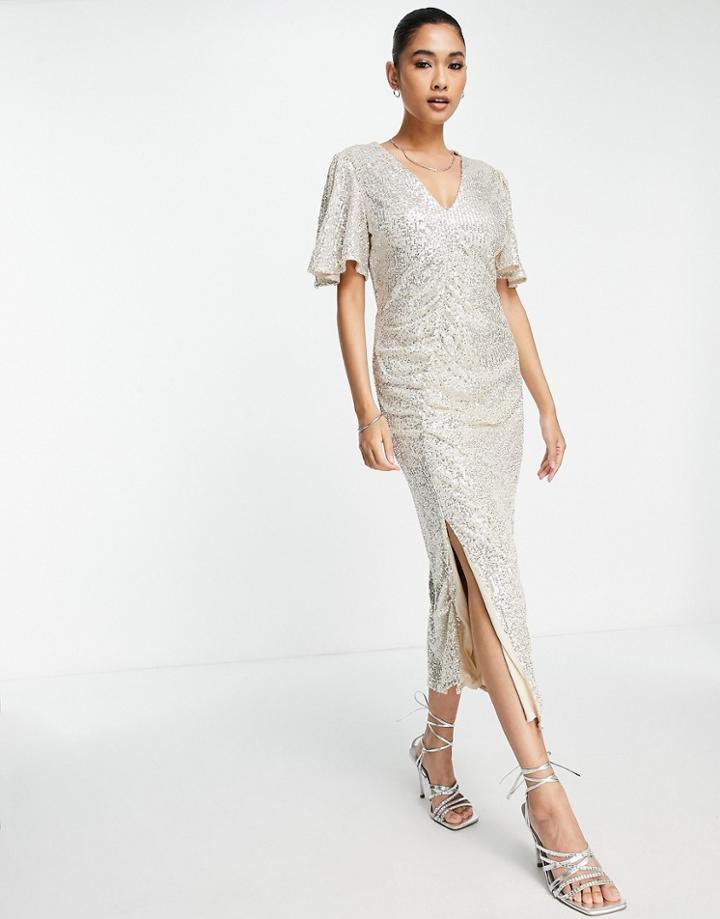 River Island Ruched Sequin Midi Dress In Silver