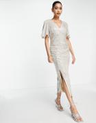 River Island Ruched Sequin Midi Dress In Silver