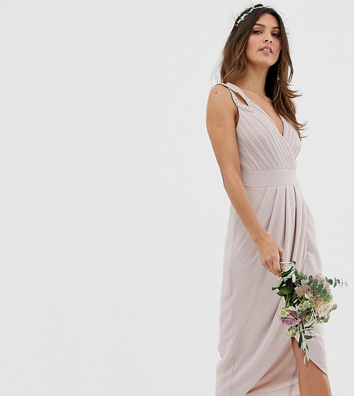 Tfnc Bridesmaid Exclusive Wrap Midi Dress In Taupe-brown