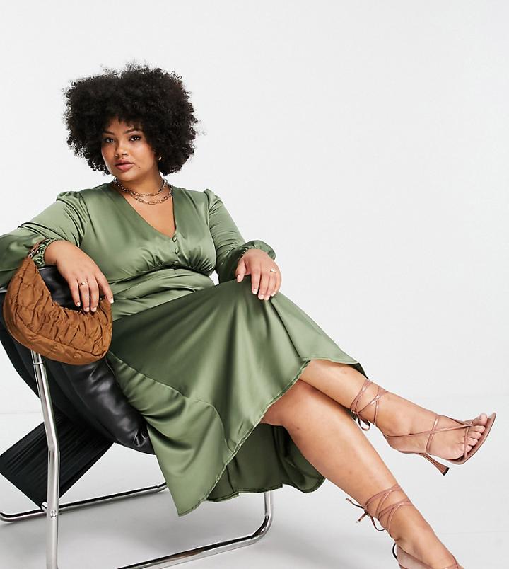 Flounce London Plus Buttoned Satin Midi Dress In Khaki-blues