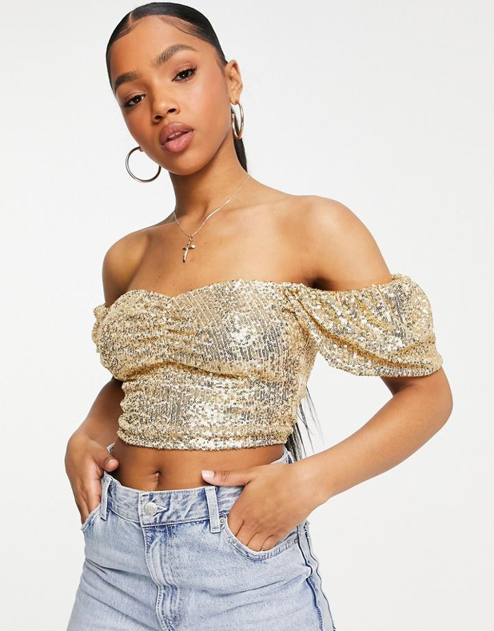 Miss Selfridge Sequin Puff Sleeve Top In Gold