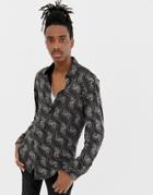 Jaded London Long Sleeve Velvet Shirt In Black With Glitter Print - Black