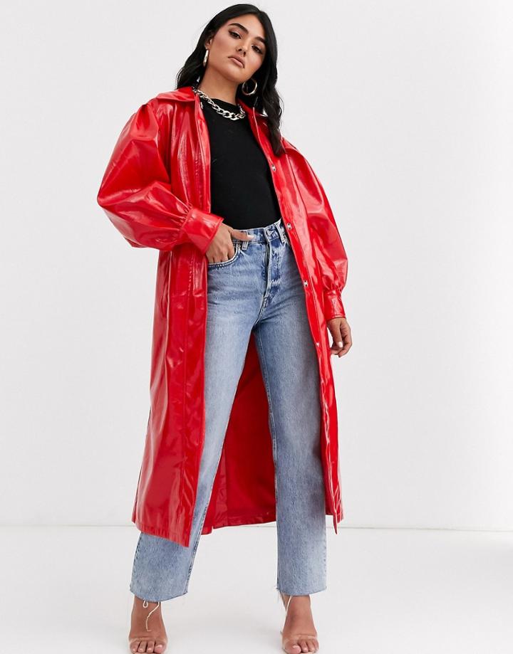 Asos Design Vinyl Trench Coat In Red