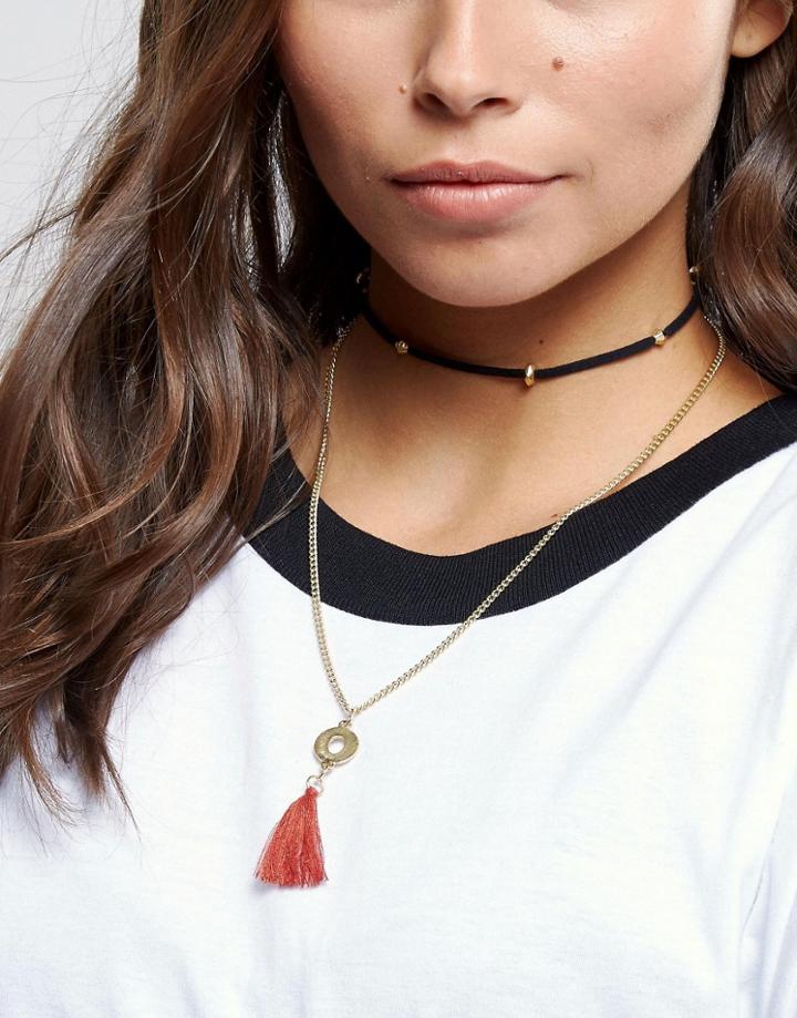 Asos Multirow Cord Tassel Choker Necklace - Multi