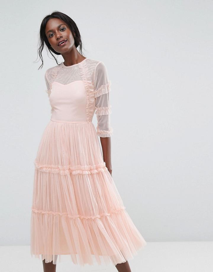 Lace & Beads Tiered Sheer Tulle Midi Dress With 3/4 Sleeve - Green