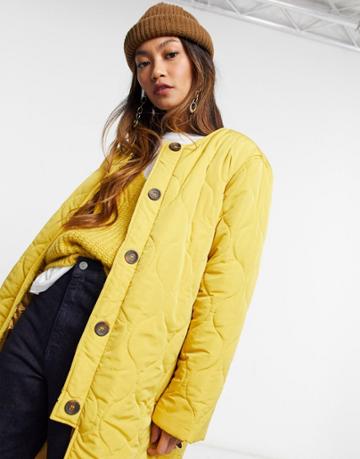 Ghospell Quilted Oversized Coat In Mustard-yellow