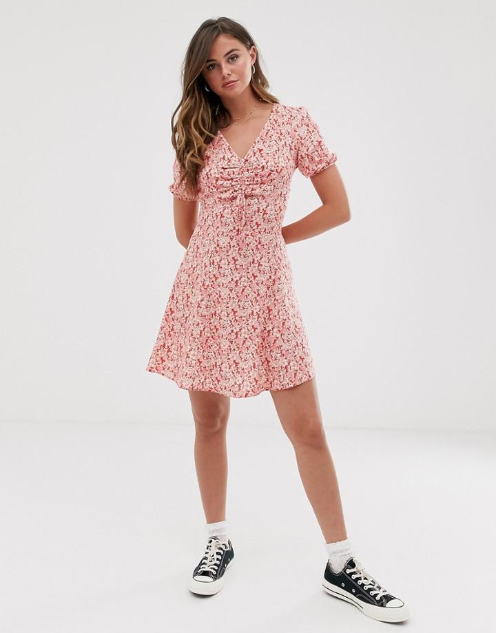 New Look Ruched Front Tea Dress In Red Floral